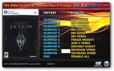 The Elder Scrolls V Skyrim 9 Trainer For 11210 Download