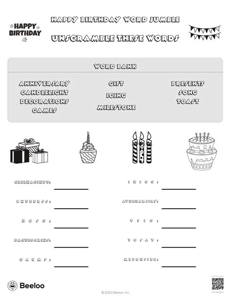 Birthday Themed Word Scrambles Beeloo Printables