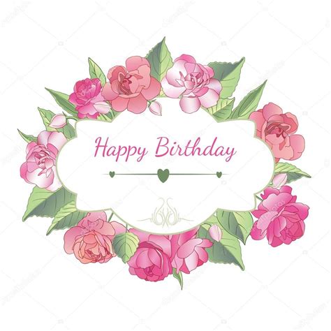 Fiori da regalare alla mamma idee green. Happy birthday card with beautiful balsam flowers — Stock Vector © fnina2015.gmail.com #112505408