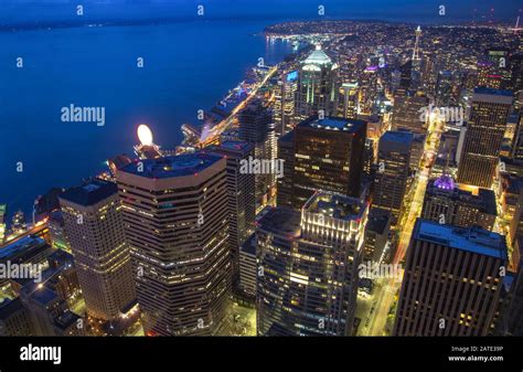 View Of Skyscrapers In Downtown At Night In Seattle Washington