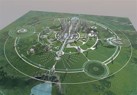 An Aerial View Of A Futuristic City Surrounded By Greenery
