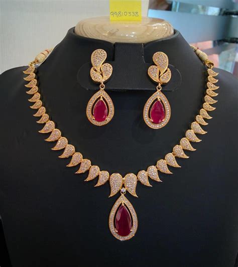 Gold Plated Designer Ruby Necklace Set ~ South India Jewels