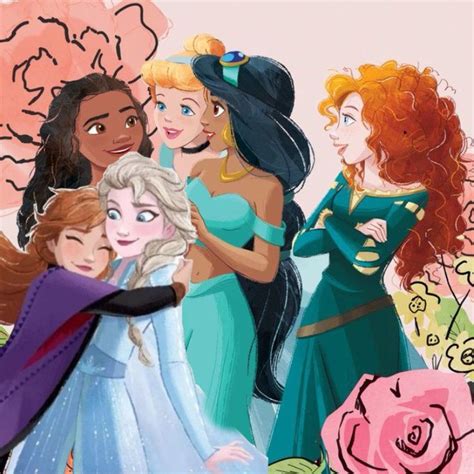 Some Disney Princesses Are Standing Together In Front Of Flowers