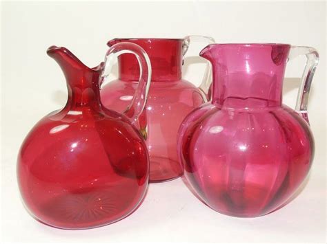 Set Of Three 19th Century English Ruby Glass Jugs British Victorian
