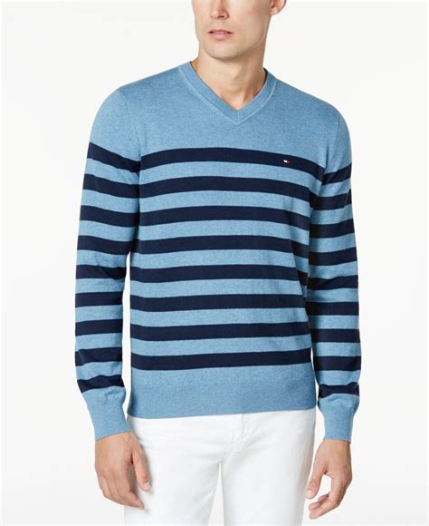 tommy hilfiger cotton men s signature seattle striped v neck sweater in blue for men lyst
