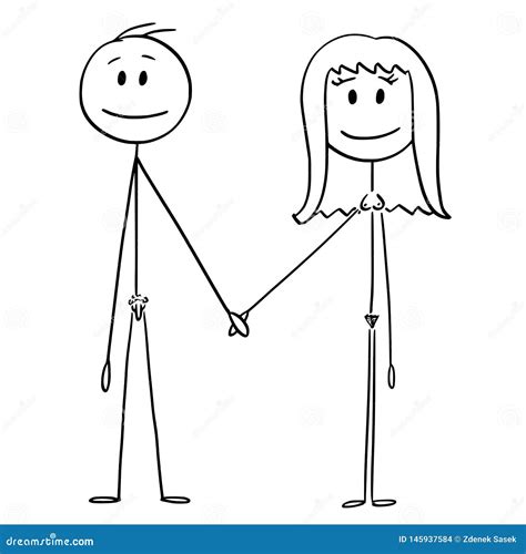 Cartoon Of Front Of Naked Or Nude Stick Figure Man And Woman Standing