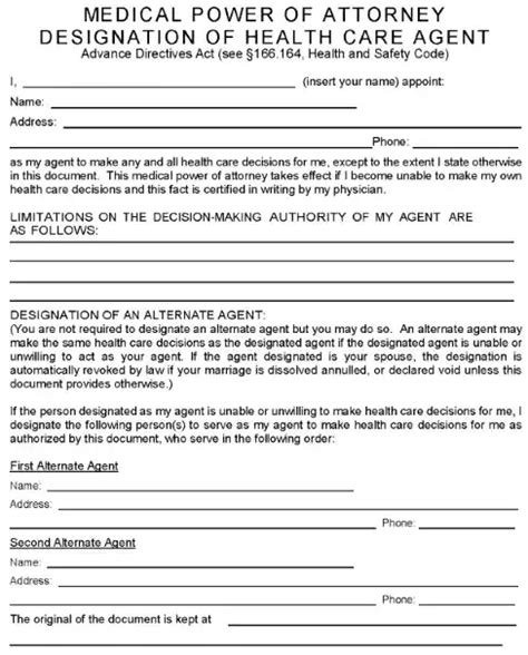 Free Texas Medical Power Of Attorney Form Printable PDF Word