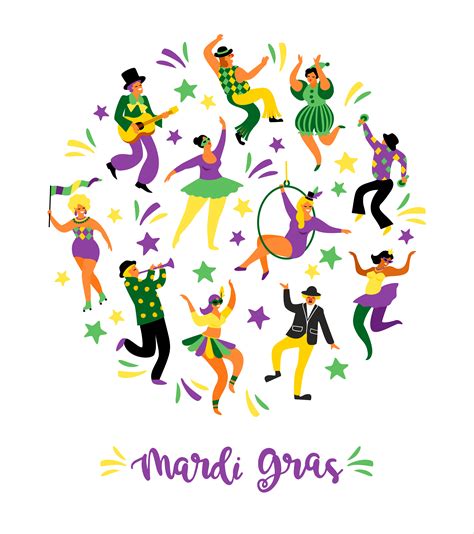 Mardi Gras Vector Illustration Of Funny Dancing Men And Women In Bright Costumes 291311 Vector