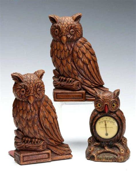 Syroco Wood Owl Bookends And Thermometer