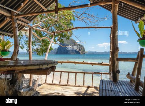 Beautiful Las Cabanas Beach Veranda Made Entirely Of Wood El Nido Palawan Philippines Stock