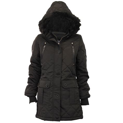 ladies parka jacket brave soul womens coat padded hooded quilted faux