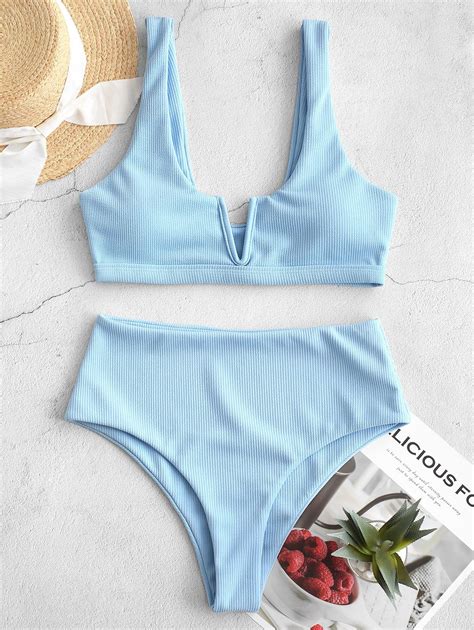 Zaful Ribbed V Wired High Waisted Bikini Swimsuit In Sea Blue Zaful 2023