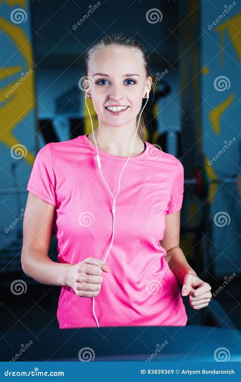 Attractive Fitness Girl Running On Machine Treadmill Pretty Girl Doing