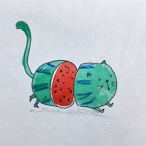 Melon Cat ~ Sarah Jennings Sarahjscribbles Watermelon Art Diy