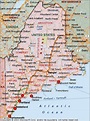Shows a map of Maine featuring cities, towns and major ...