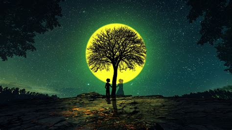 Download Wallpaper 2560x1440 Silhouettes Love Tree Night Widescreen