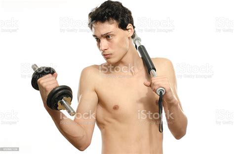Skinny Man Training His Bicep Muscle Beautiful Teenager Lifting