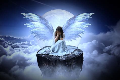 Hd Wallpaper Fantasy Angel Cloud Crying Full Moon Sad Woman