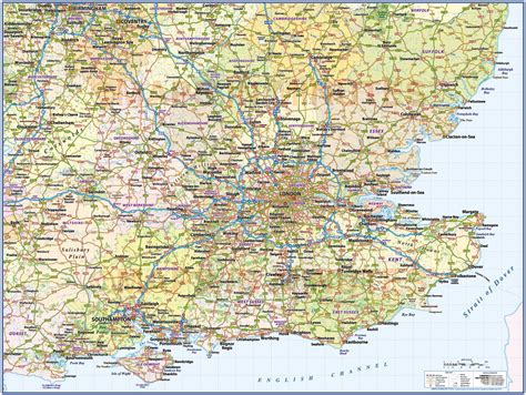 South East England 1st Level County Wall Map With Roads And Rail