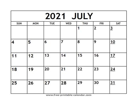 Here are the 2021 printable calendars Printable 2021 July Calendar - Free-printable-calendar.com