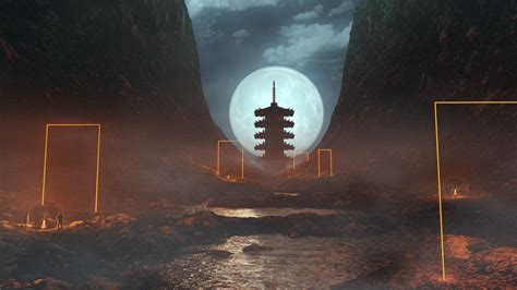 Download Wallpaper 1920x1080 Cave Pagoda Moon Night Fog Full Hd