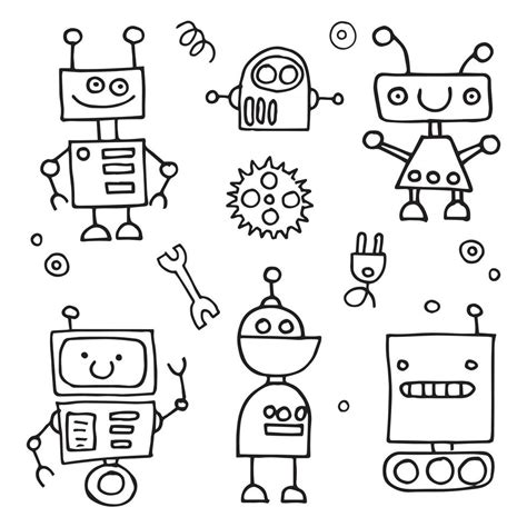 Vector Drawing In Doodle Style Set Of Cute Robots Childrens Line