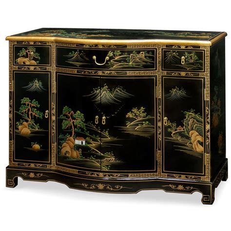 Black Lacquer Chinoiserie Scenery Oriental Console Cabinet