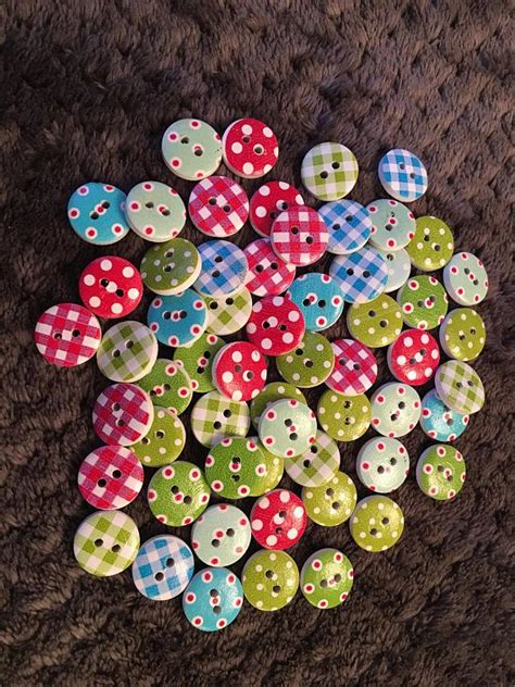 10 Mixed Lot Polka Dot And Gingham Wooden Buttons 15mm Two Etsy