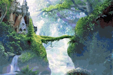 Hidden Forest Castle Fantasy Setting Inspired Cross Stitch Pattern