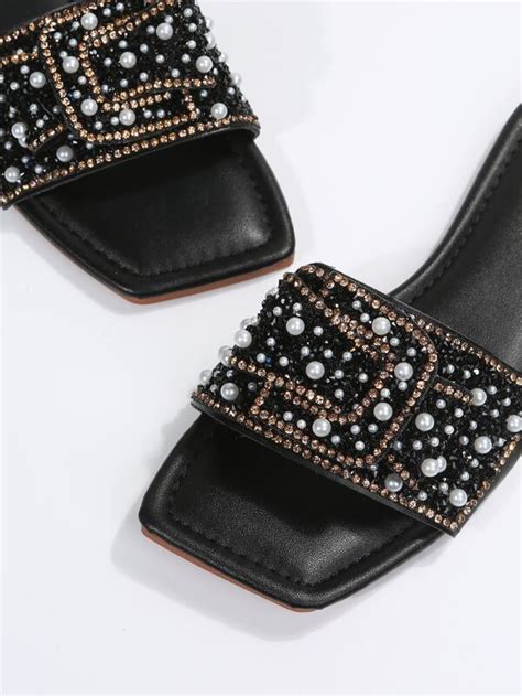 Women Rhinestone And Faux Pearl Decor Flat Sandals Glamorous Glass Slide Sandals Shein Usa