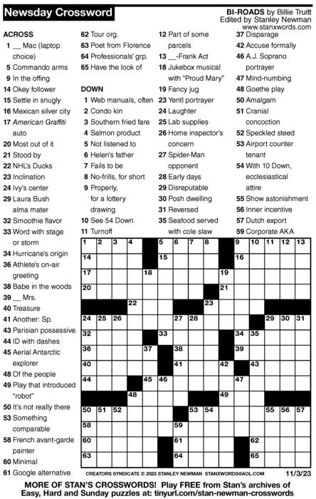 Newsday Crossword Puzzle For Nov 03 2023 By Stanley Newman Creators