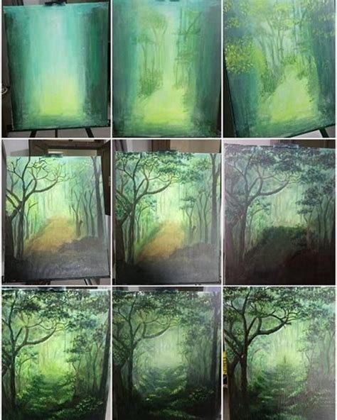 Step By Step Forest Acrylic Painting By Artist Mahith Forest Painting