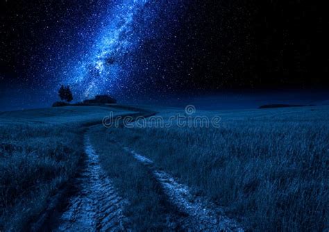 Milky Way Country Road And Field At Night Tuscany Stock Image Image