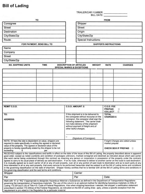 Printable Bill Of Lading