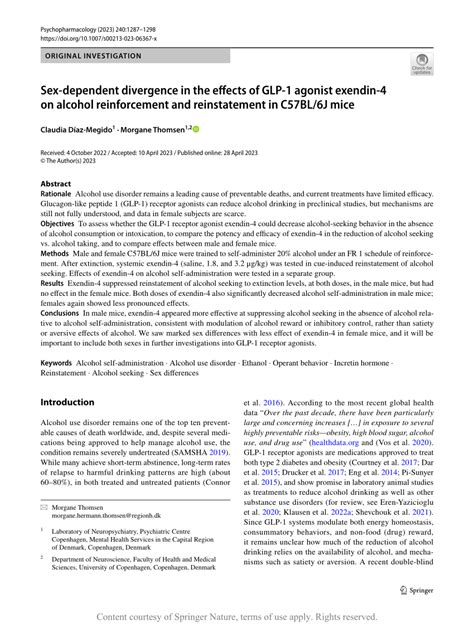 Pdf Sex Dependent Divergence In The Effects Of Glp 1 Agonist Exendin 4 On Alcohol