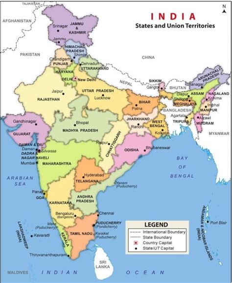 List Of 28 States And Capitals And 8 Union Territories On Map Of India