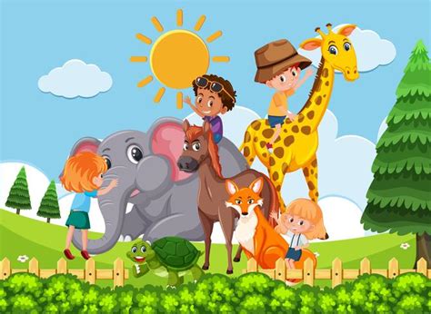Children Playing With Wild Animal 607489 Vector Art At Vecteezy