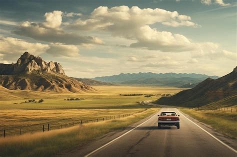 Premium Ai Image A Car Drives Down A Road With Mountains In The