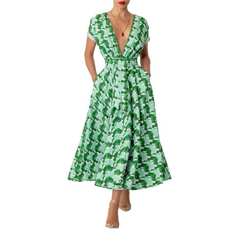 Sexy Deep V Green Print Women Long Dress Summer Clothes Short Sleeve Casual Elegant Dress Midi