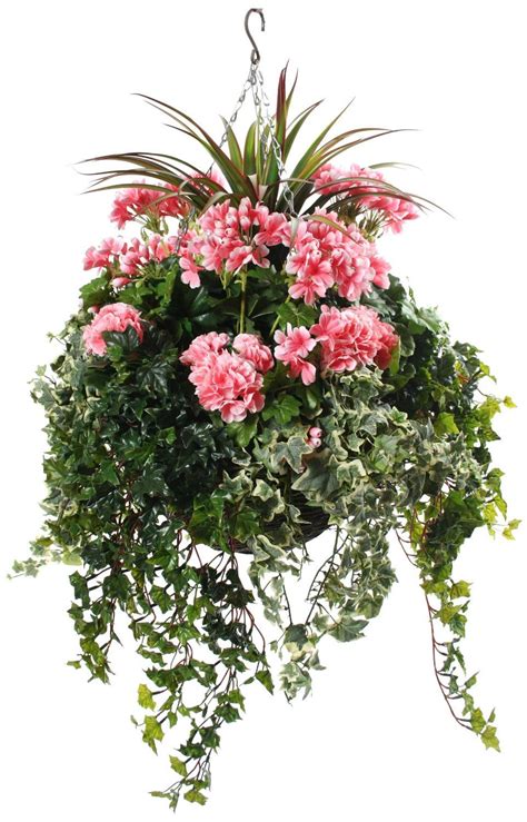 Artificial Hanging Basket With Pink Geraniums And Green Foliage The