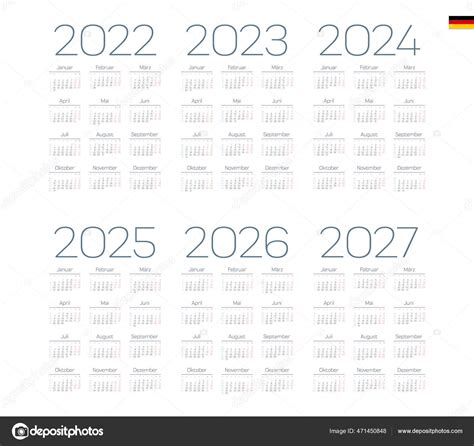 German Calendar 2022 2023 2024 2025 2026 2027 Week Starts Stock Vector