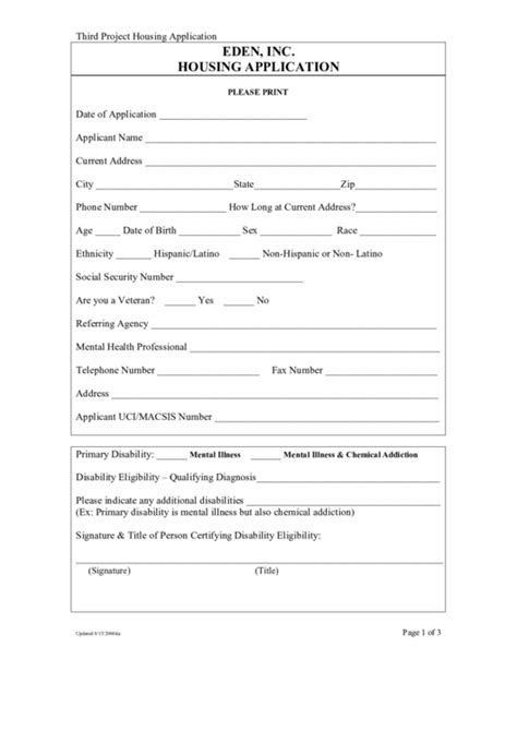 Eden Inc Housing Application Form Printable Pdf Download