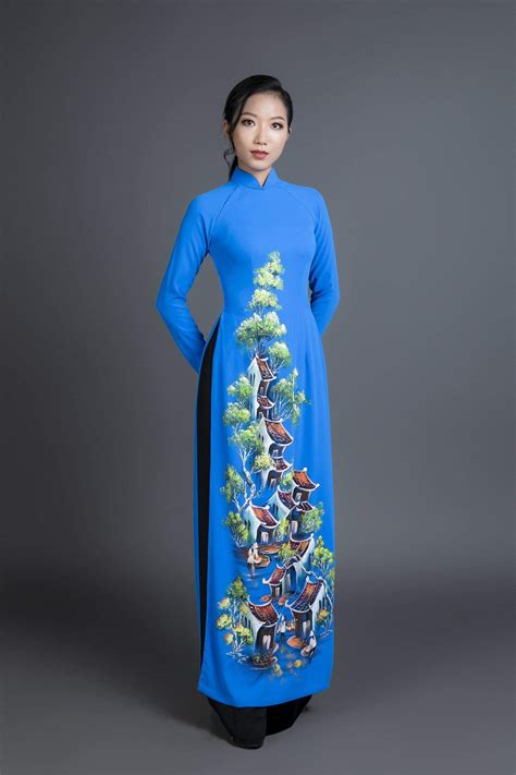 Ao Dai Vietnam Traditional Dress In Hand Painted Blue Silk Ao Dai