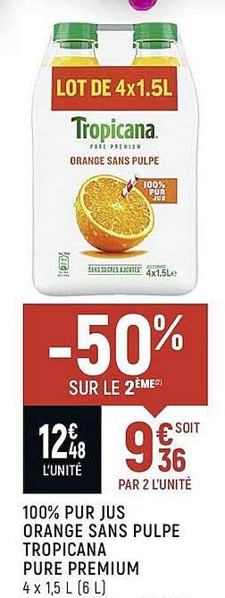 Offre 100 Pur Jus Orange Sans Pulpe Tropicana Pure Premium Chez Spar