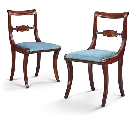 871 Fine And Rare Pair Of Classical Carved And Figured Mahogany Klismos Side Chairs