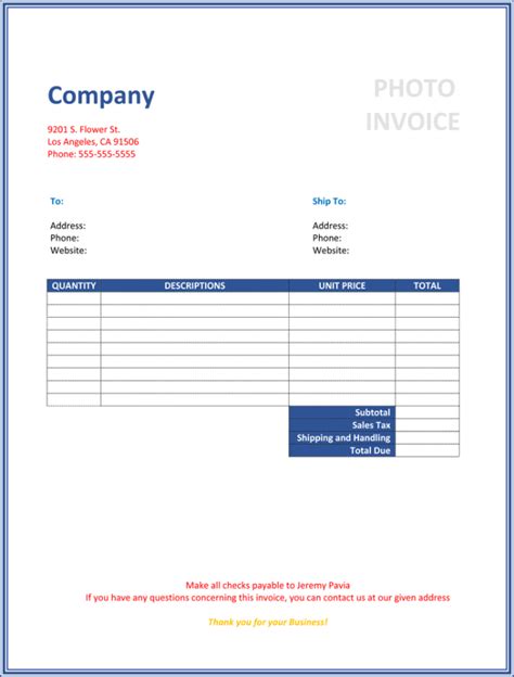 photography invoice templates   quick invoices