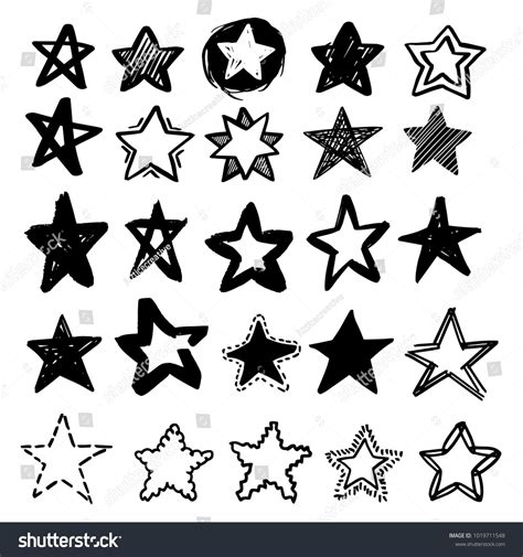 Set Of Black Hand Drawn Vector Stars In Doodle Style On White