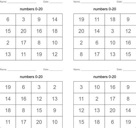 Numbers 0 20 Bingo Cards Wordmint