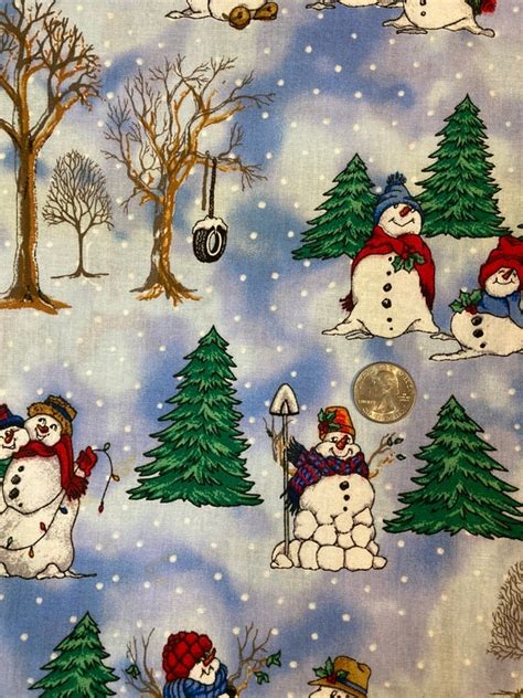 Fabric Blue With Snowmen Trees And Evergreens Snow Follies By Etsy
