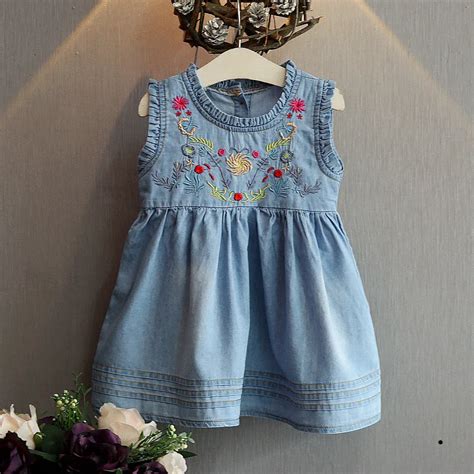 Baby Girl Kids Denim Flower Embroidered Summer Dress Children Girls